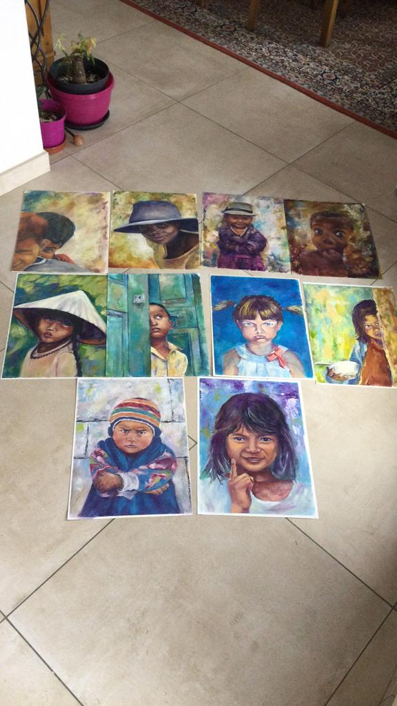 Serieportretten van kinderen van de wereld in olieverf, Antiek en Kunst