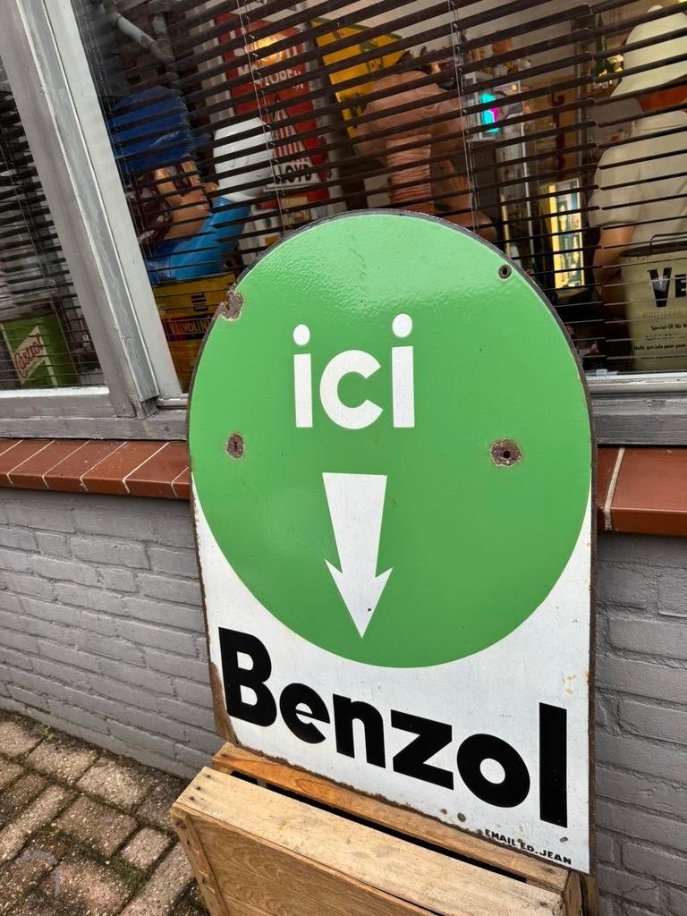 Ancien panneau d'affichage de garage en émail Benzol BP, Enlèvement ou Envoi, Utilisé, Panneau publicitaire