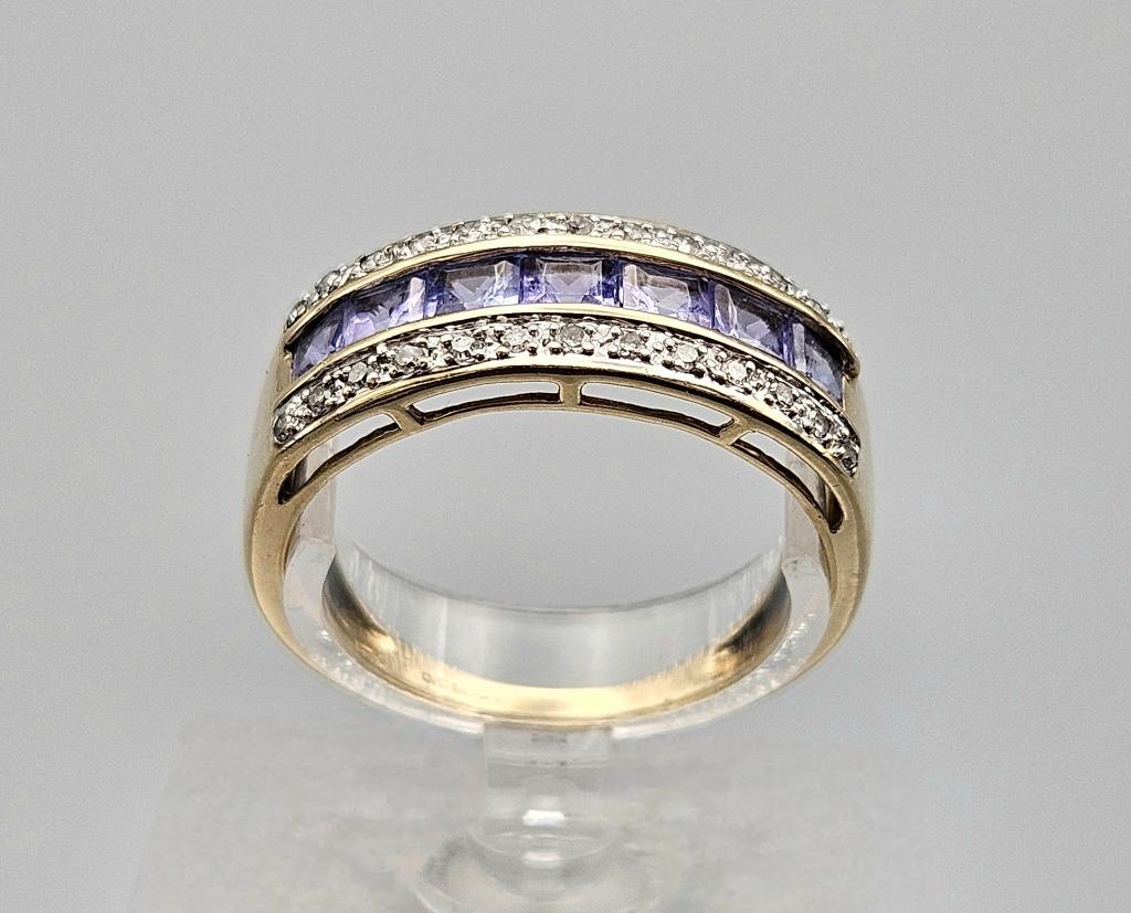 Gouden Vintage ring edelsteen tanzaniet en diamant. 2024/357, 18 tot 19, Paars, Ophalen of Verzenden, Zo goed als nieuw