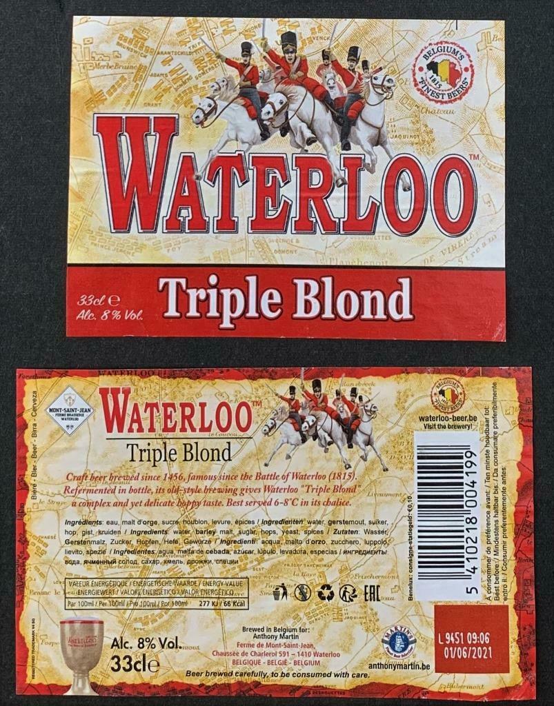 Bieretiket Waterloo Triple Blond Brouw. Mont-Saint-Jean 3c9, Verzamelen, Biermerken, Ophalen of Verzenden, Gebruikt, Overige typen