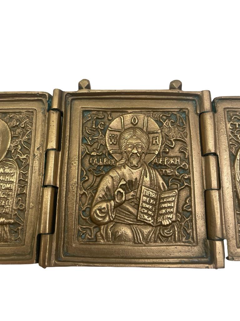 Russisch koperen drieluik icoon — Christus de Maagd Sint Jan, Antiek en Kunst, Antiek | Religieuze voorwerpen, Ophalen of Verzenden