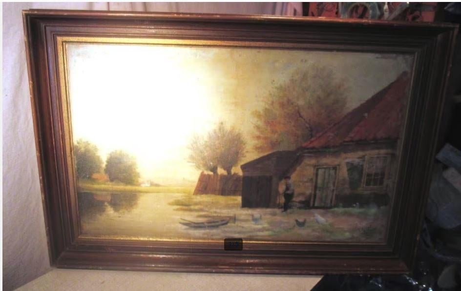 Mooi Oud Geschilderd Werk 'Rivier en Boerderij' - gesigneerd, Antiek en Kunst, Ophalen of Verzenden