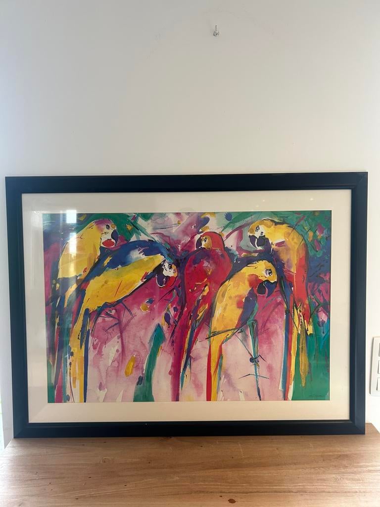 Tableau perroquet signé et encadrement verre 115/85cm, Antiquités & Art, Enlèvement