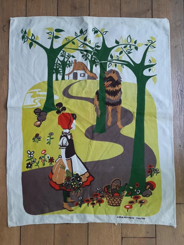 Vintage stof uit 1970 met gezeefdrukte afbeelding Roodkapje, Antiek en Kunst, Ophalen of Verzenden