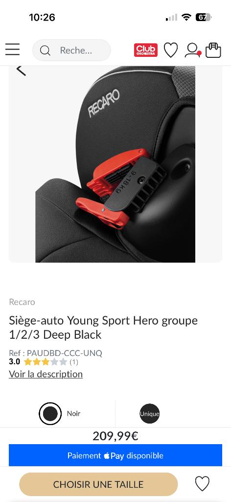 Recaro Siège-auto Young Sport Hero groupe 1/2/3 Deep Black, Autres marques, Comme neuf, Enlèvement, Ceinture de sécurité ou Isofix