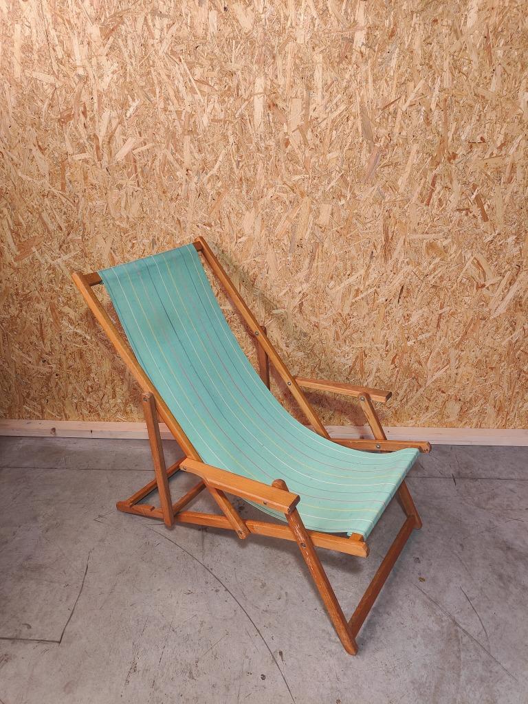 Houten Klapstoel met Retro Stof – jaren '60/'70, Gebruikt, Warandestraat 51, Nazareth, Info@keukiesshop.com, Verstelbaar