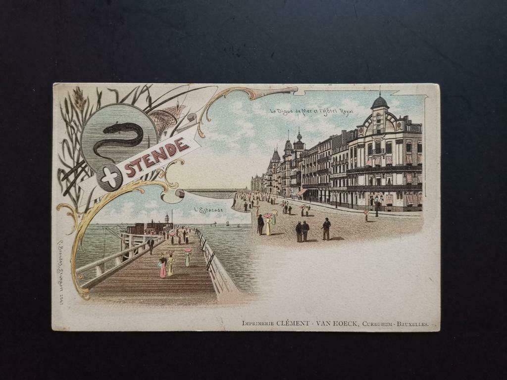 Ostende autour de 1900.Estacade, digue et hôtel royal, Enlèvement ou Envoi, Avant 1920, Non affranchie, Flandre Occidentale