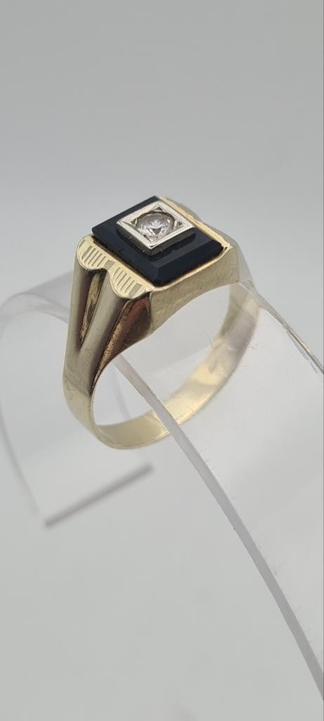 Bague chevalière en or 14k 585 avec onyx., 18 à 19, Femme ou Homme, Or, Or