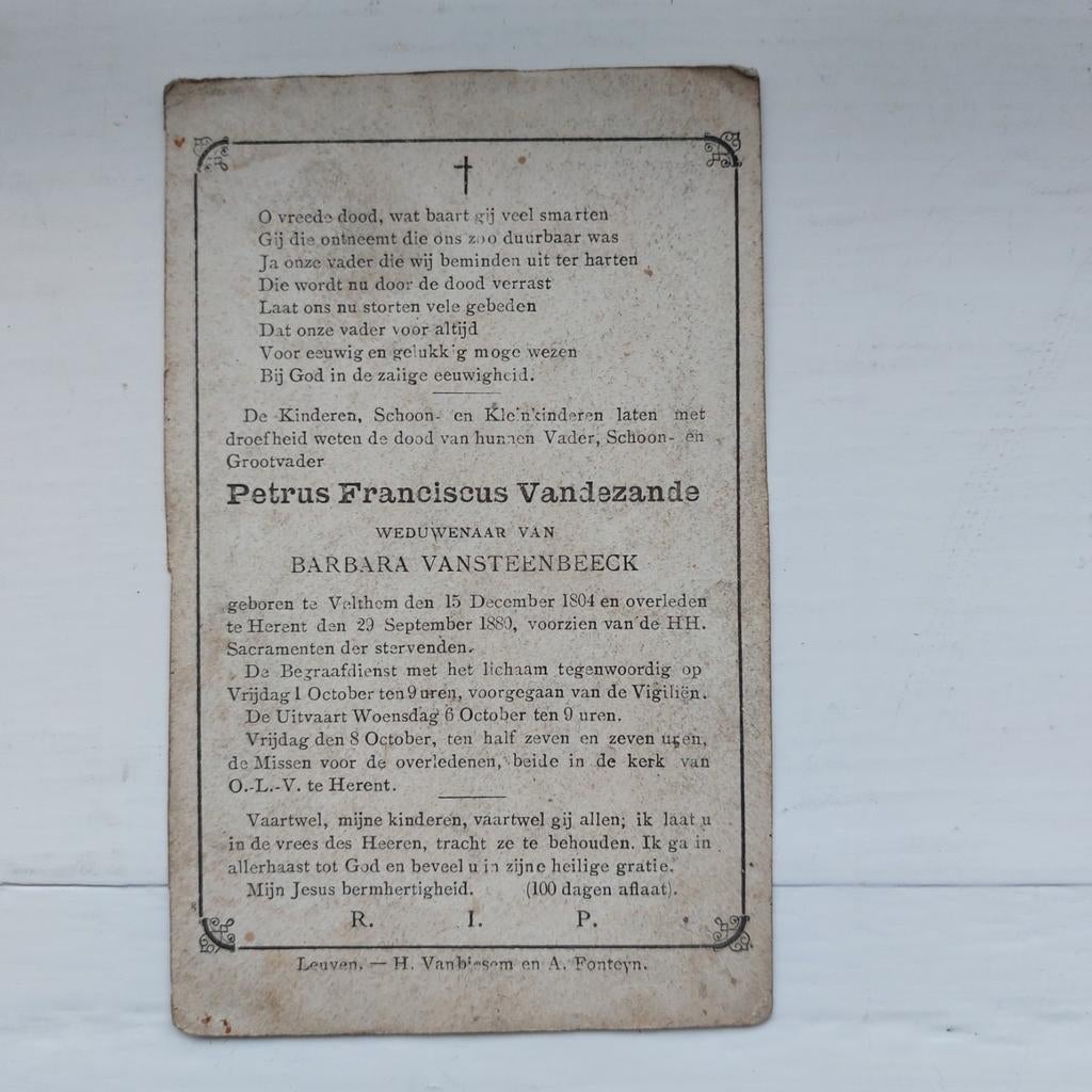 Oud bidprentje Veltem/Herentals 1804-1880, Ophalen of Verzenden, Bidprentje