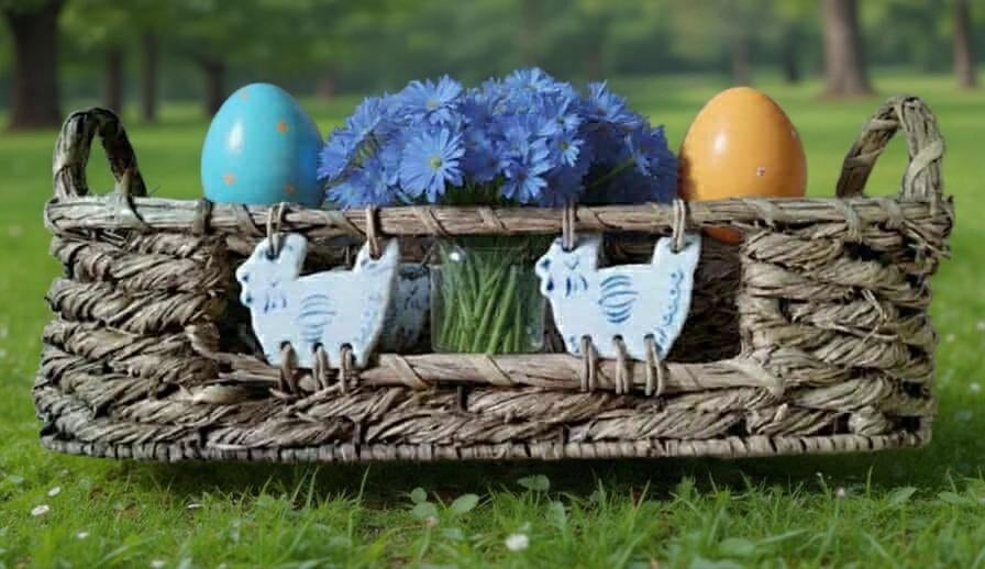 Panier en osier avec poulets bleus delfs pour Pâques, Neuf, Enlèvement ou Envoi, Osier, Panier