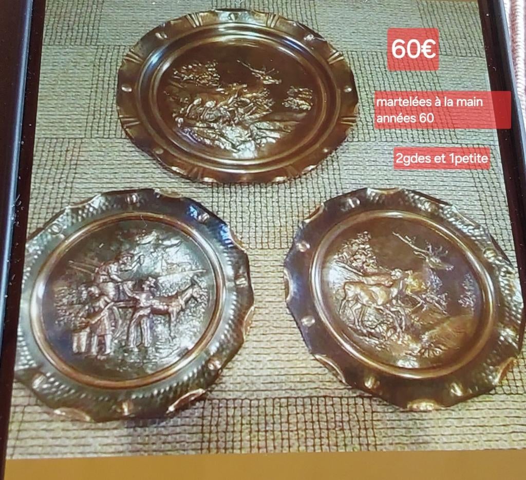 3 assiettes en cuivre martelées à la main des années 60-70, Antiquités & Art, Enlèvement ou Envoi, Cuivre