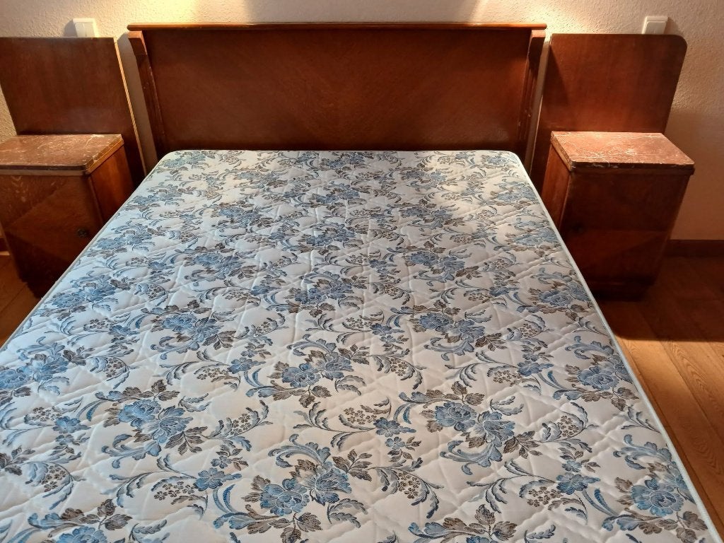 Tweepersoons bed, matras en 2 nachtkastjes, Maison & Meubles, Art deco, 210 cm, Brun, Enlèvement