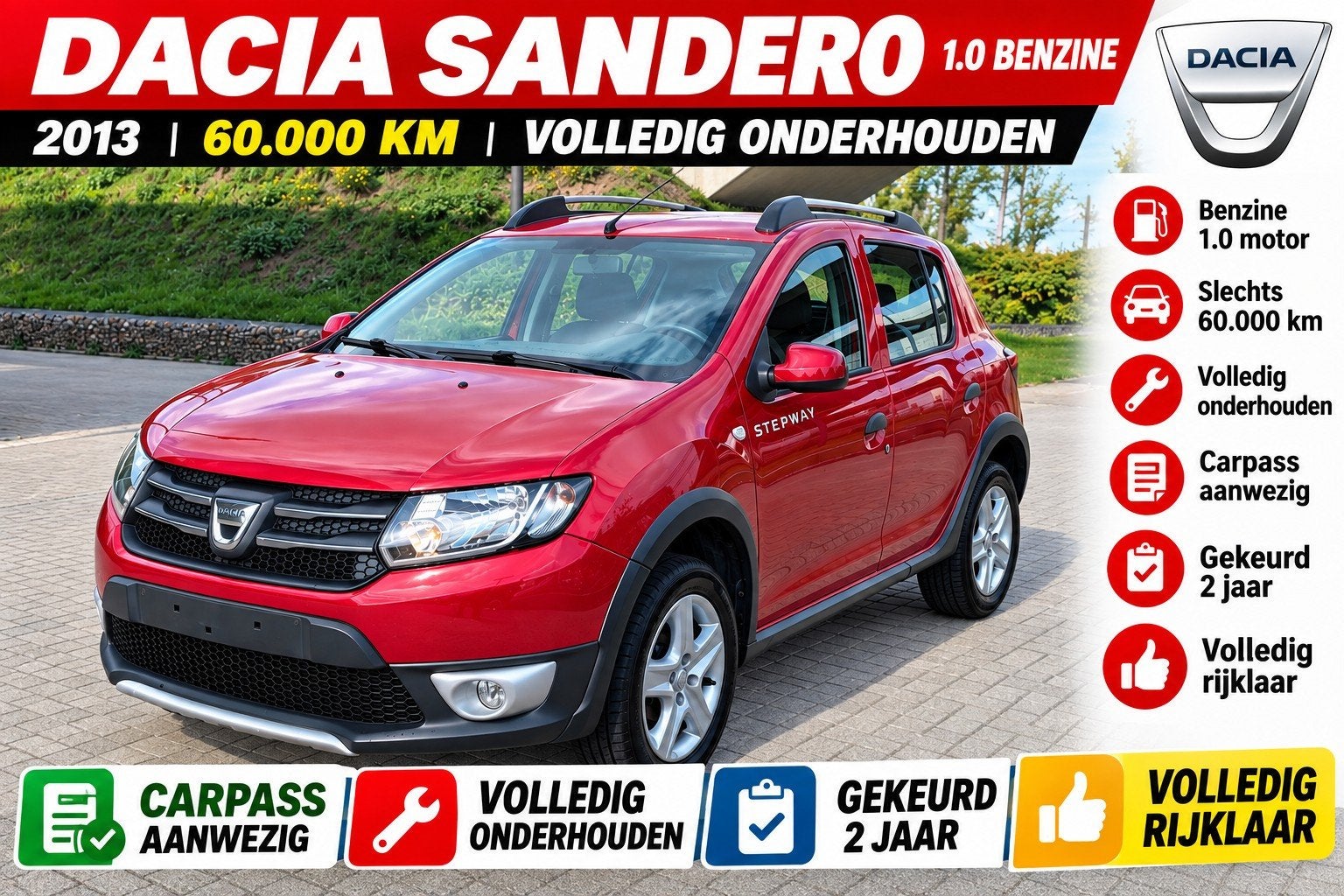 Dacia Sandero ✅️ Gekeurd️ 60.000km Benzine LEZ OK, Auto's, https://public.car-pass.be/vhr/794388ac-f8bb-4d67-a98b-108e1e0ada31