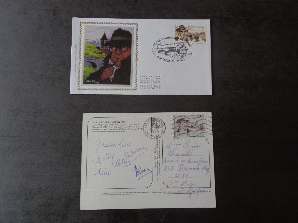 België 1 zijden fdc en 1 cp met Simenon-stempels, Postzegels en Munten, Ophalen