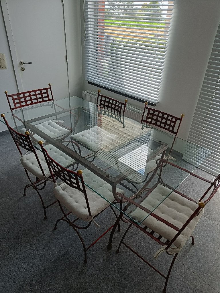 Glazen tafel en stoelen, Ophalen, Gebruikt, 4 tot 6 stoelen