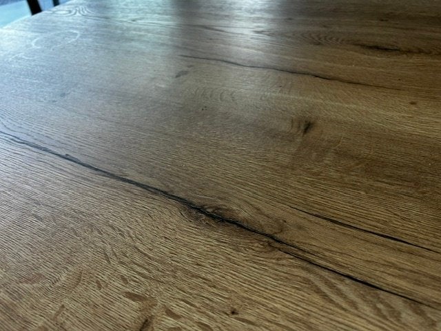 Moderne eettafel - hout  + ijzeren poten, Huis en Inrichting, Ophalen, Modern - landelijk, Eikenhout, 200 cm of meer