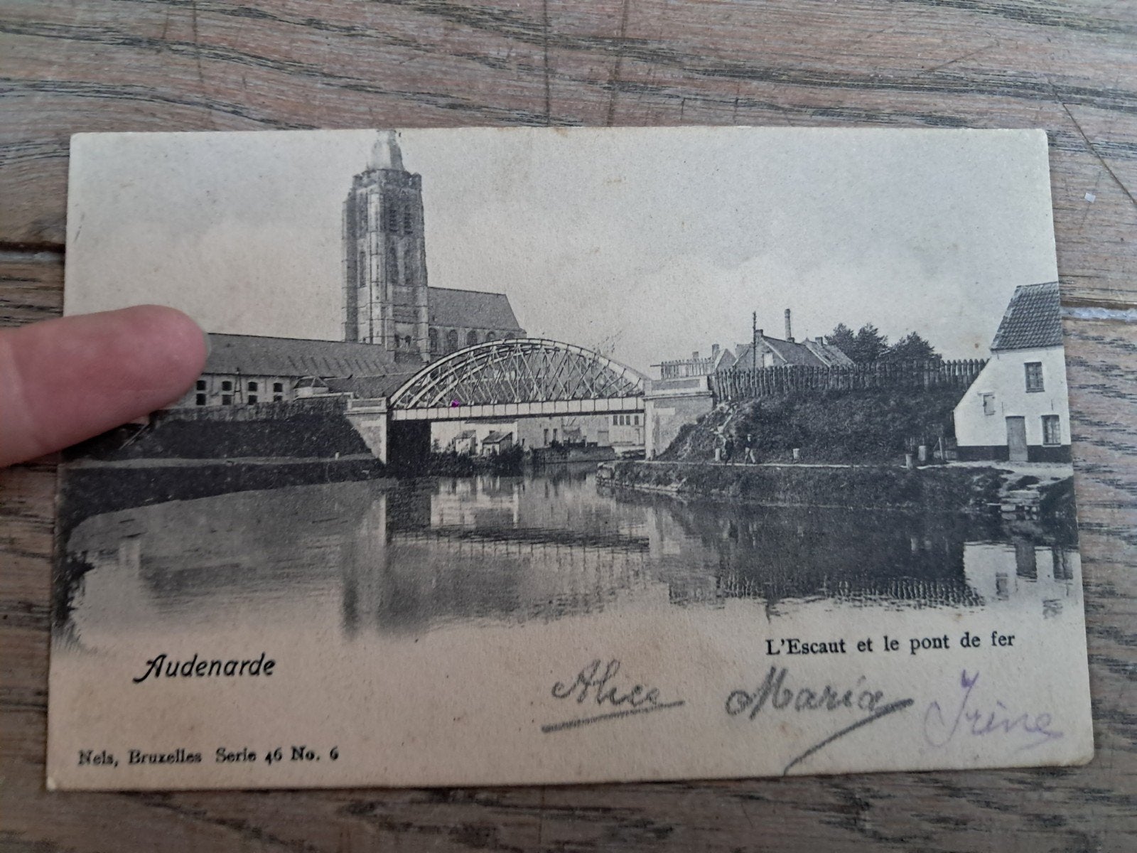 Pk Oudenaarde: de Schelde met spoorwegbrug + Walburgatoren, Ophalen of Verzenden
