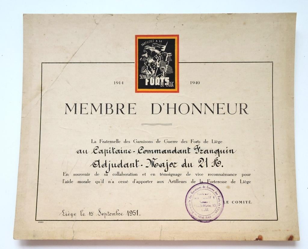 1914-1940 FORT DE LIEGE oud diplomadocument, Ophalen of Verzenden, Overige soorten
