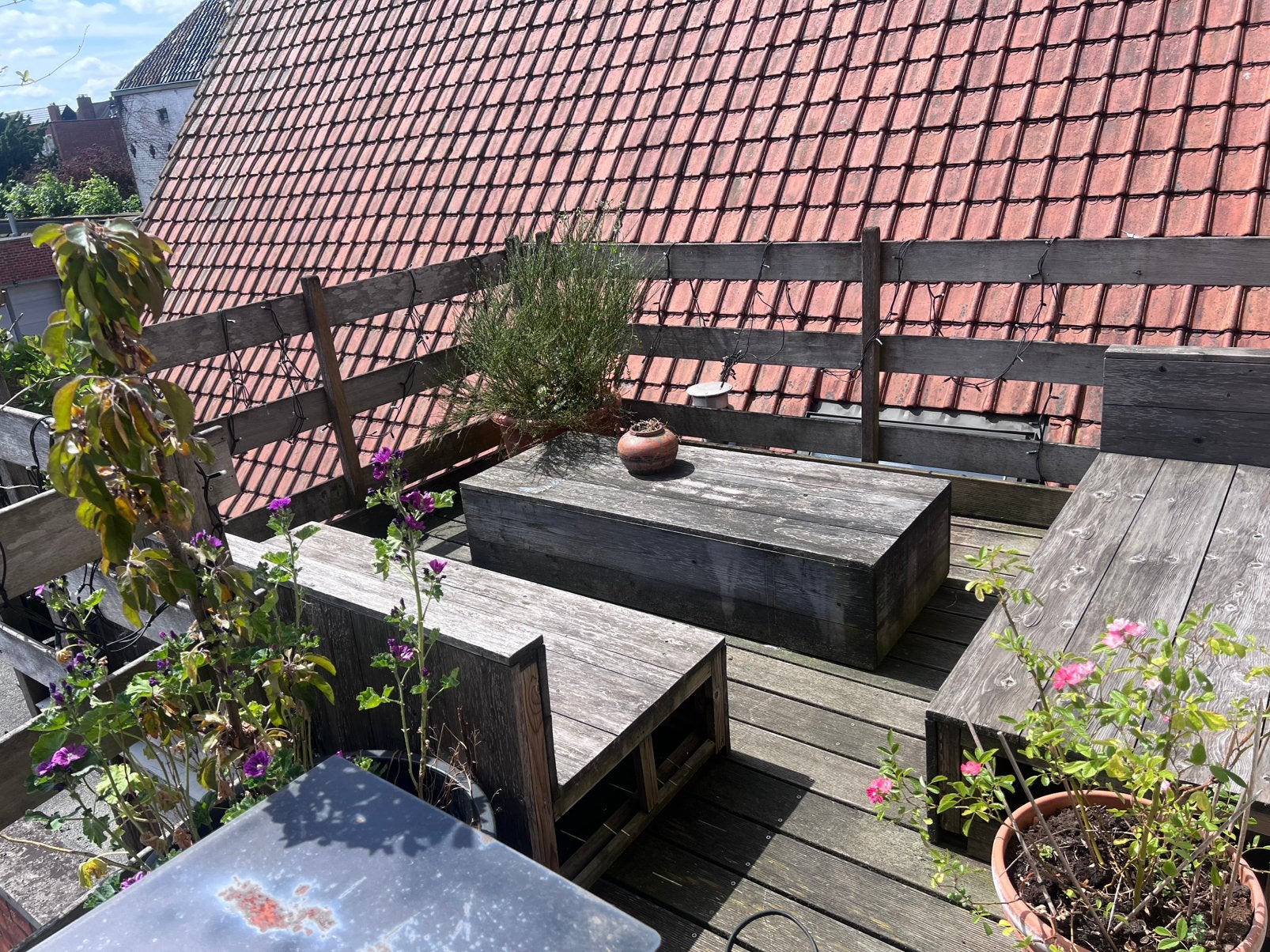 Set bankjes terras tuinset steiger hout inclusief kussens, Tuin en Terras, Ophalen, Gebruikt, 6 zitplaatsen, Steigerhout