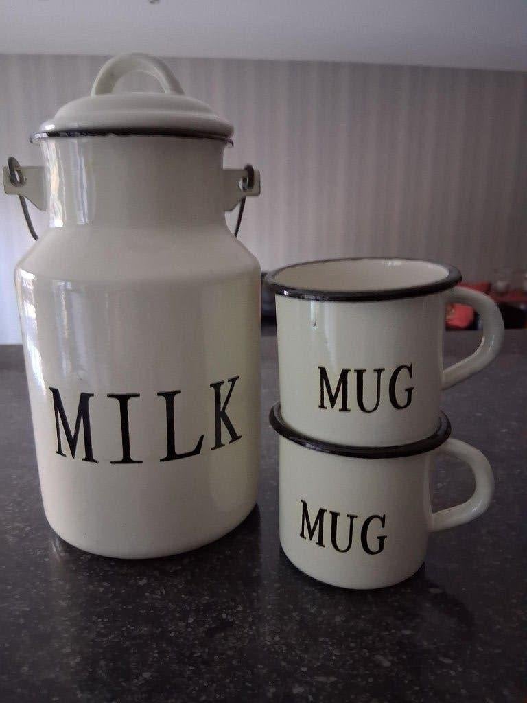 Decoratieve melkkan met kopjes metaal, Beige, Pot de stockage, Métal, Comme neuf