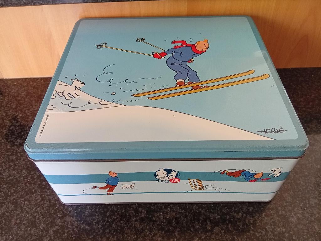 1 boite en métal blanc à l'effigie de Tintin (2003)., Collections, Enlèvement ou Envoi, Tintin, Comme neuf, Ustensile