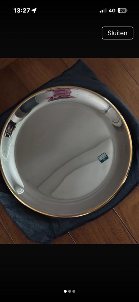 Dienblad inox 18/10 met 24K vergulde rand, Ophalen of Verzenden, Zo goed als nieuw, Rond, Metaal