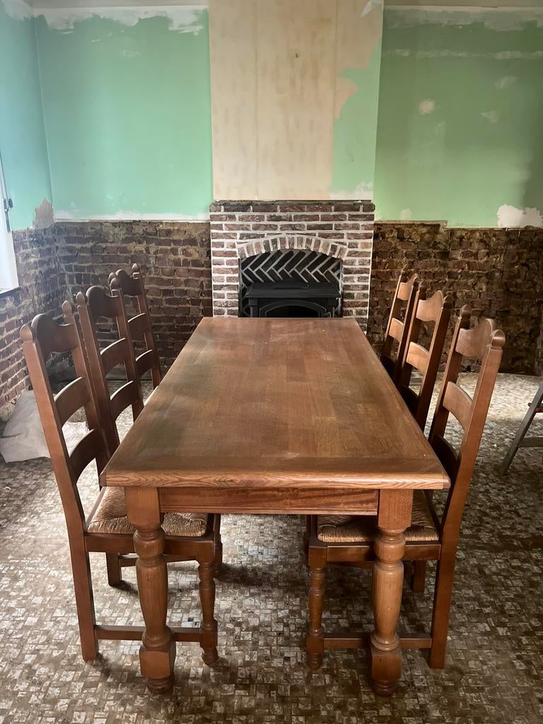 Houten tafel 1m80 x 85, 6 bijpassende stoelen, Huis en Inrichting, Ophalen, Zo goed als nieuw