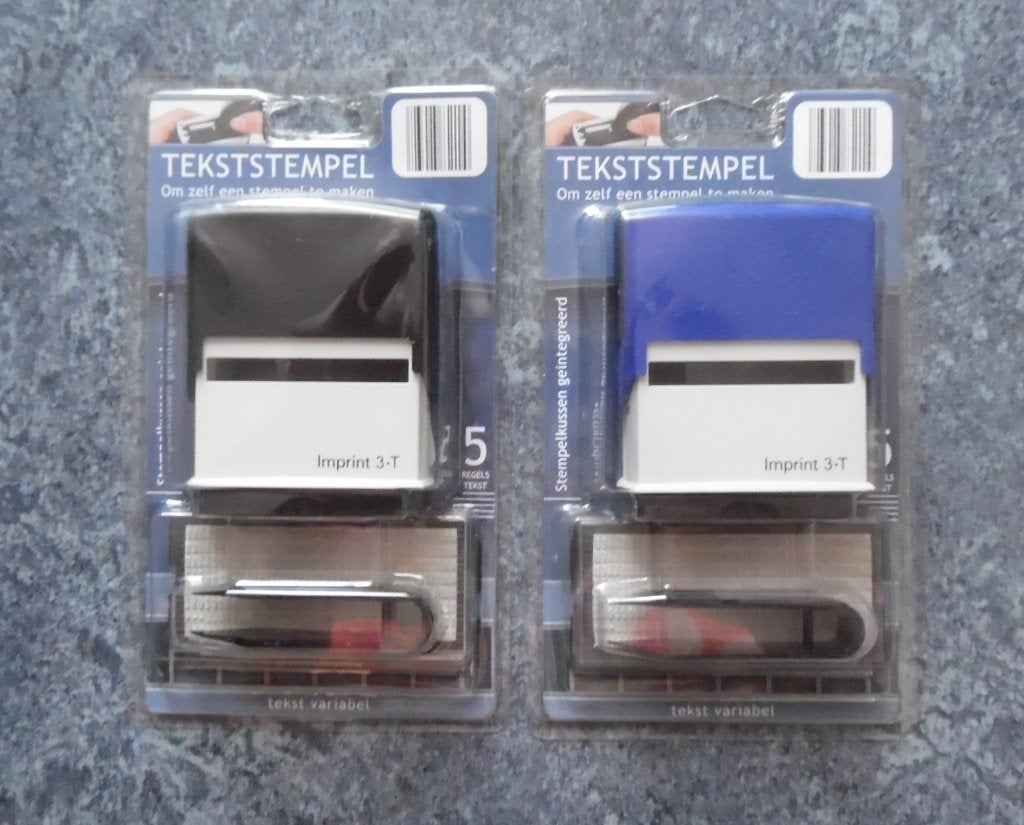 Twee nieuwe tekst stempels van Imprint (vijf regels tekst)., Zakelijke goederen, Kantoor en Winkelinrichting | Kantoorartikelen