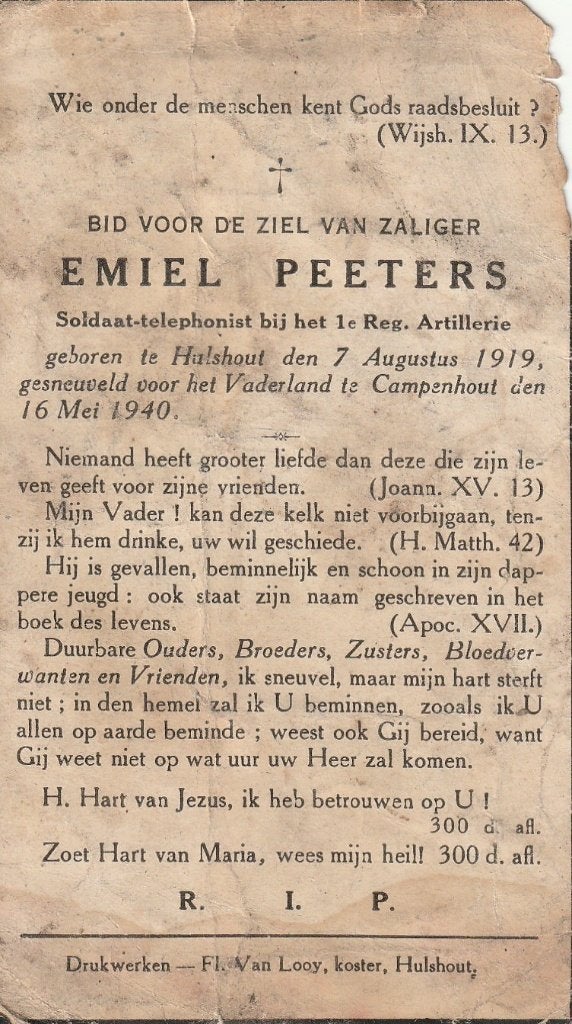 Gesneuvelde 1940-45 Emiel  Peeters Campenhout 16.05.40, Verzamelen, Bidprentjes en Rouwkaarten, Verzenden