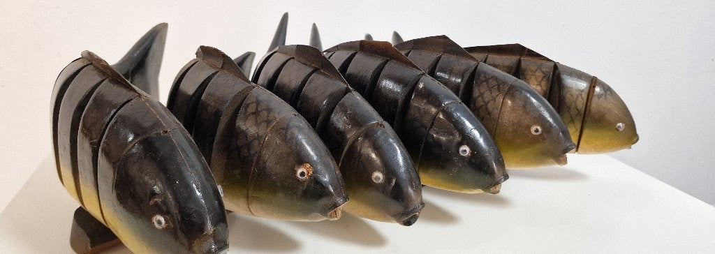 Poissons articulés vintage en bois peint, années 60 et 70, Enlèvement
