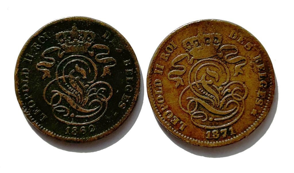 België, 2 centiemen 1869 & 1871, Postzegels en Munten, Ophalen of Verzenden, Brons, Losse munt