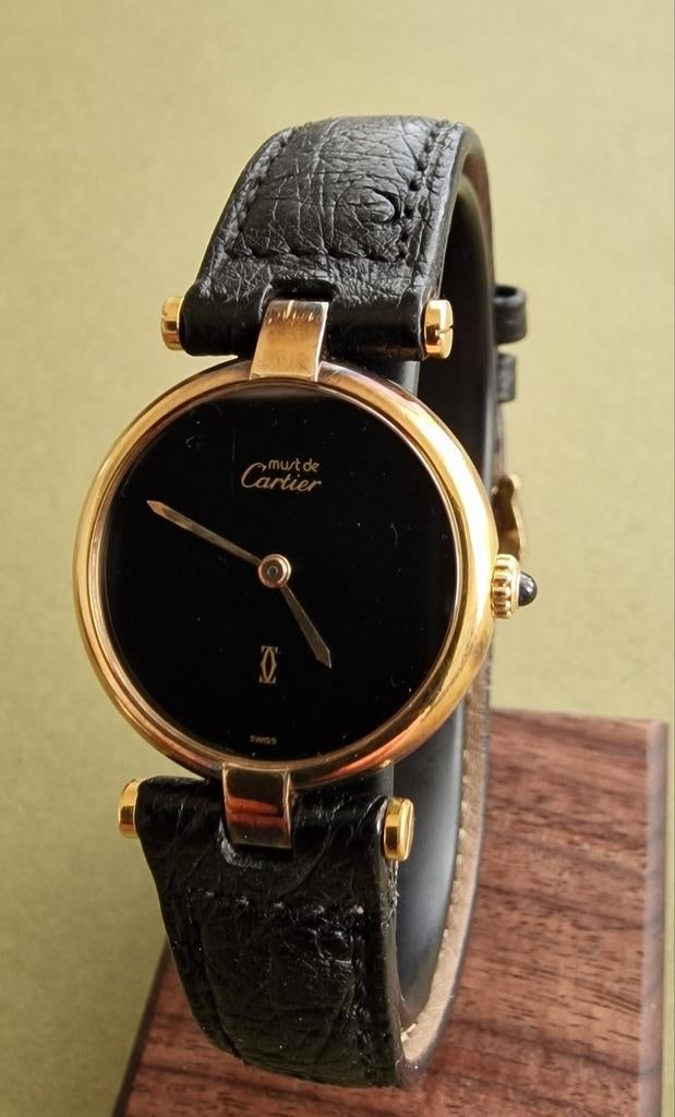 Vintage Cartier Vendôme - black dial, Handtassen en Accessoires, Horloges | Dames, Goud, Goud, Ophalen of Verzenden