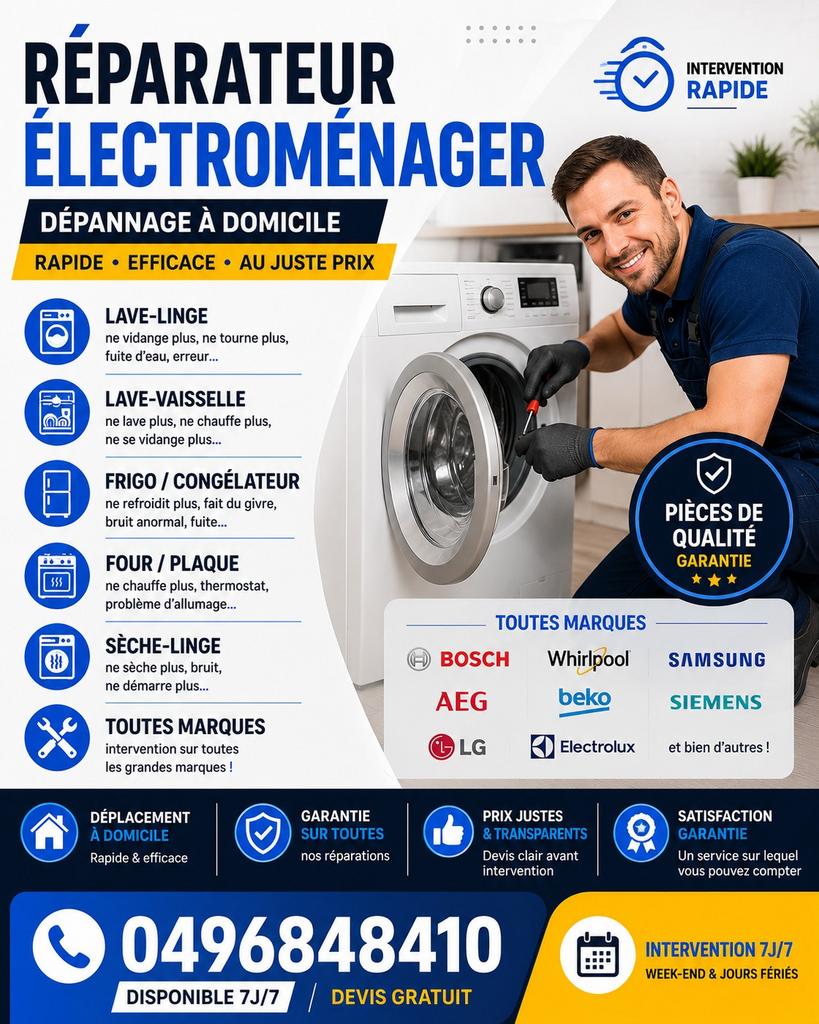 Dépannage électroménager 7j7, Reparation à domicile, Enlèvement