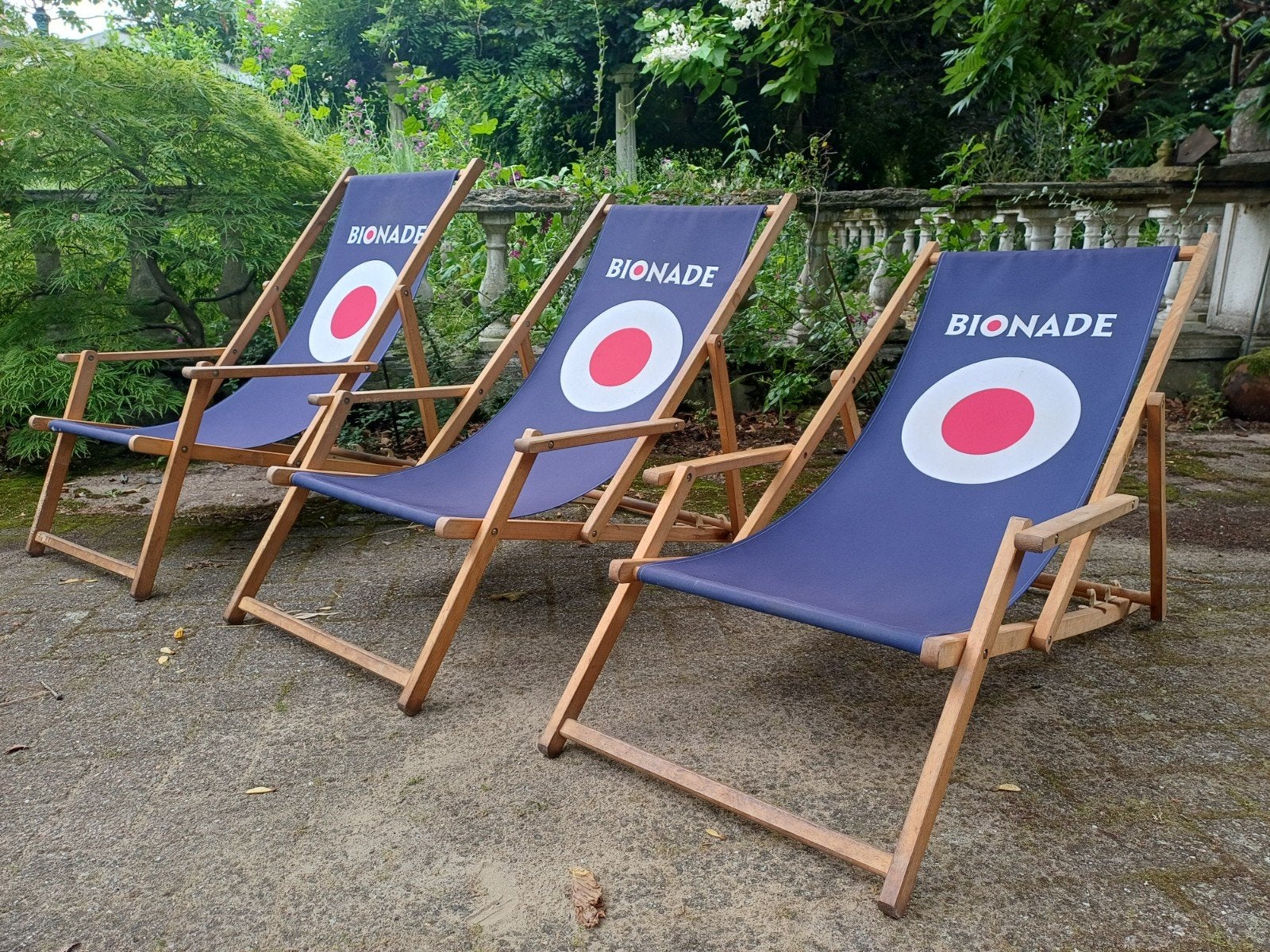 3 vintage Bionade deckchairs - strandstoelen - ligstoelen, Ophalen, Gebruikt, Hout, Verstelbaar