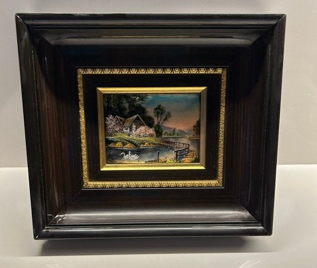 Handgeschilderd limoges emaillewerk op koper - André Bureau, Antiek en Kunst, Landschap, Klassiek, Ophalen, Ingelijst