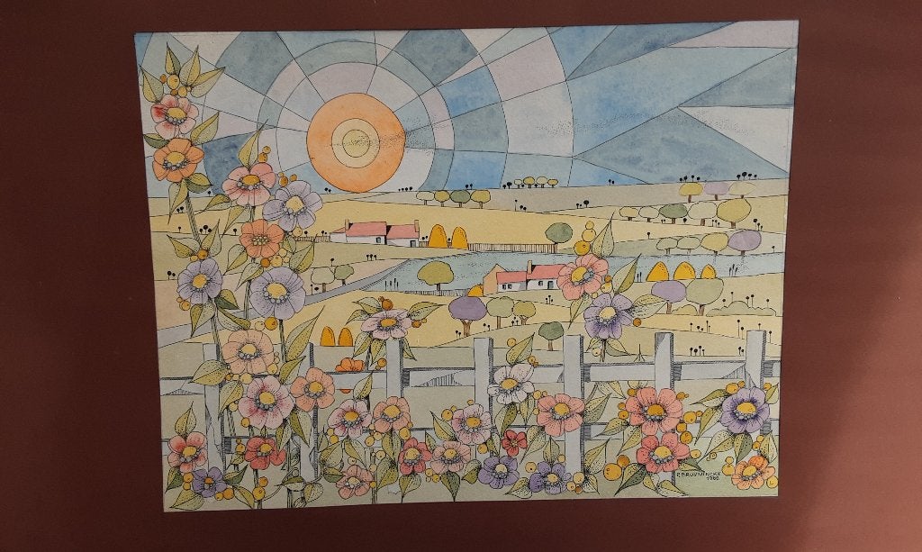 Aquarelle surréaliste, P. Bruyninckx, 1986, très bonne, Enlèvement ou Envoi, Aquarelle, Signé, Papier