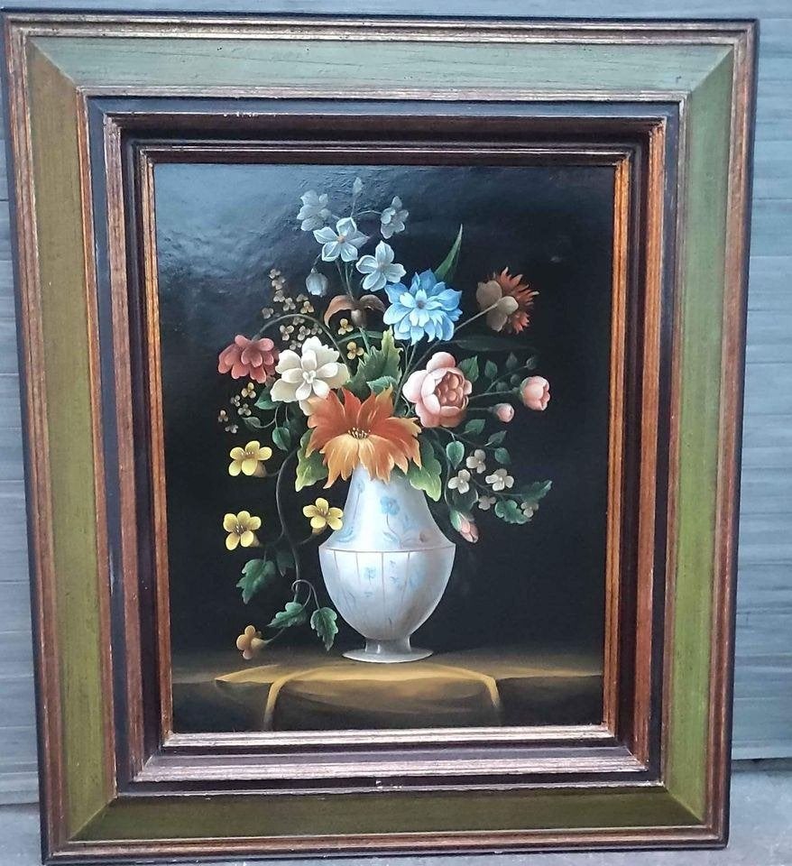 Huile sur panneau fleurs signe Carl prevot, Antiquités & Art, Enlèvement ou Envoi