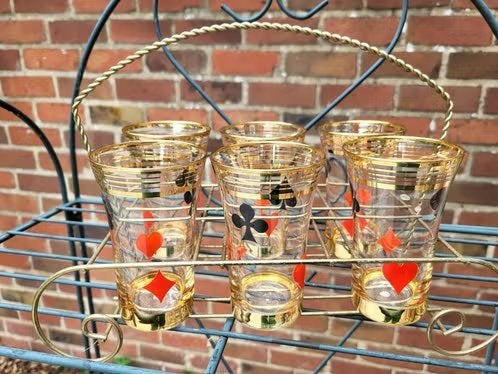 Vintage Mid-Century Glazen Set met Speelkaarten & Drager, Ophalen of Verzenden