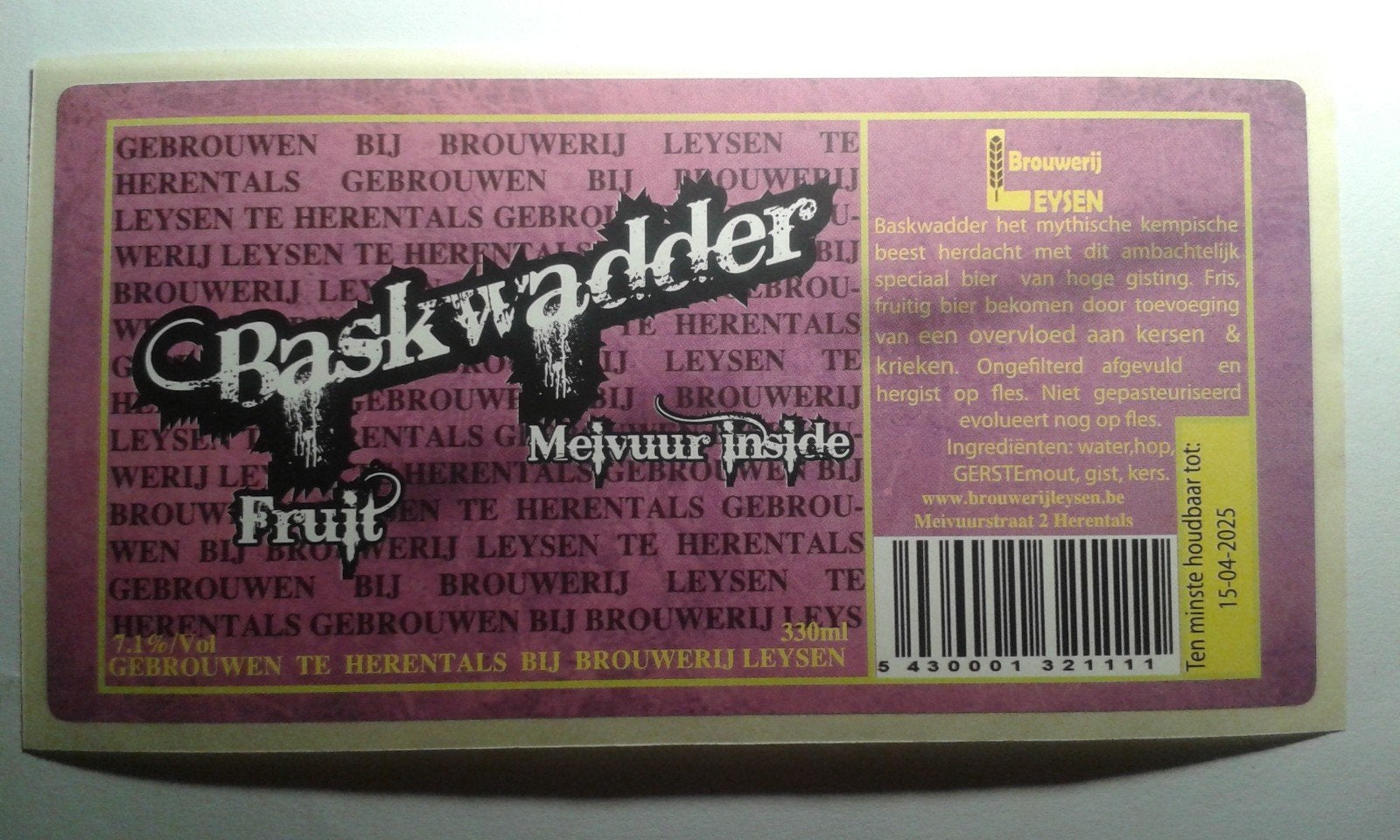 Étiquette de bière : Baskwadder FRUIT (Leysen), Collections, Enlèvement ou Envoi, Neuf, Autres marques