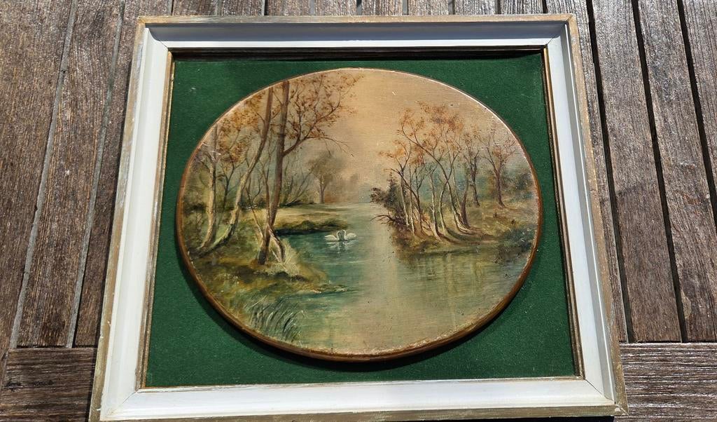 Romantisch landschapspaneeltje/zwaantjes, Antiek en Kunst, Ophalen of Verzenden