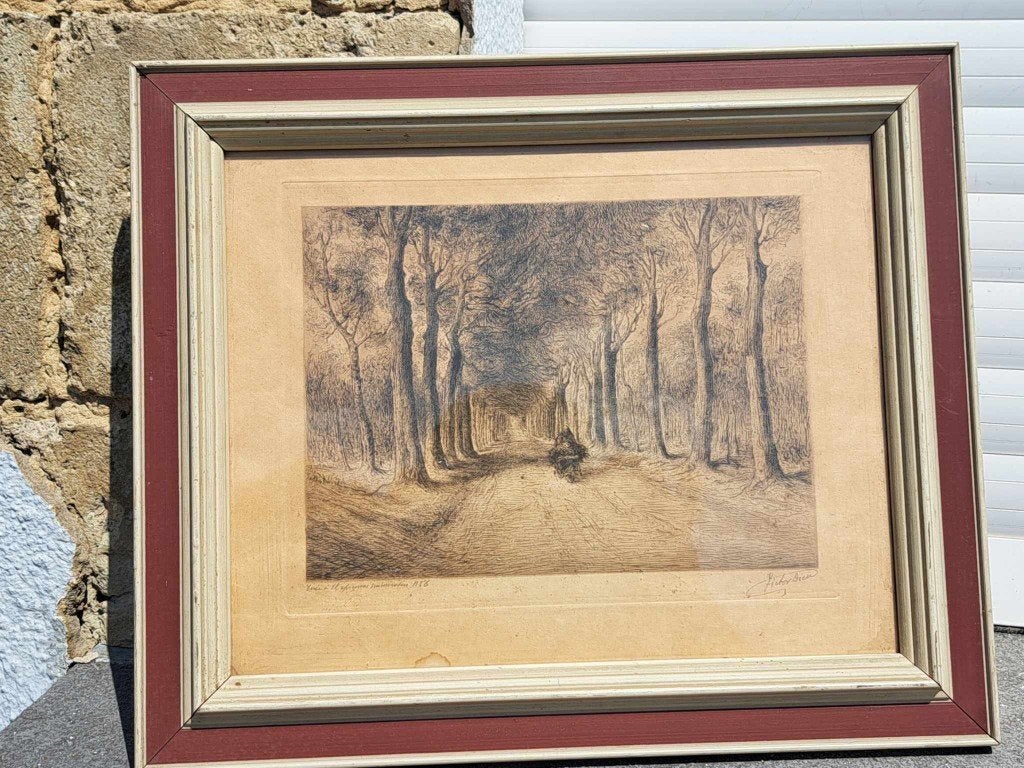 eau forte chemin anime signe victor dieu, Ophalen of Verzenden, Gravure