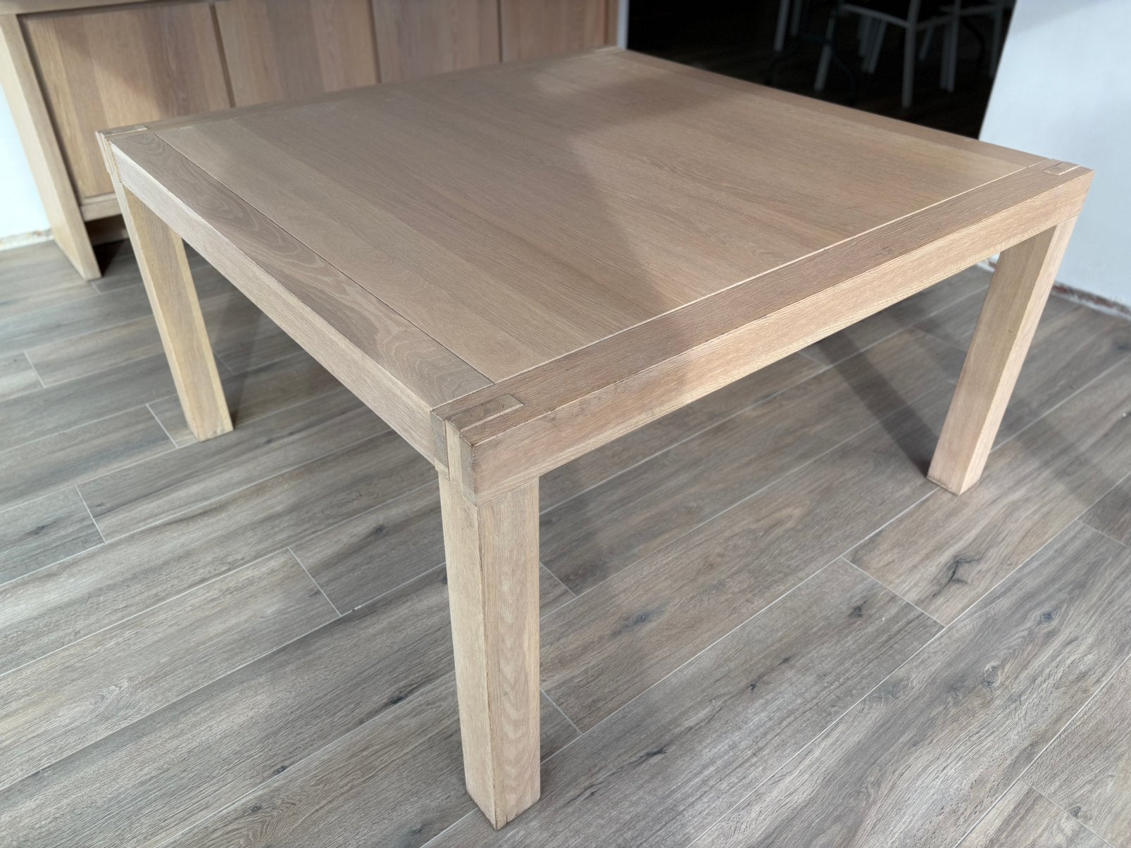 Vierkante tafel massief lichte eik, Ophalen, Gebruikt, Vijf personen of meer, 100 tot 150 cm
