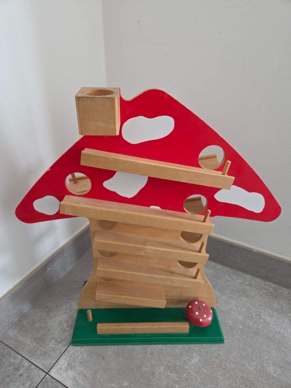 Houten Knikkerbaan Paddenstoel met belletje en 3 ballen, Ophalen of Verzenden