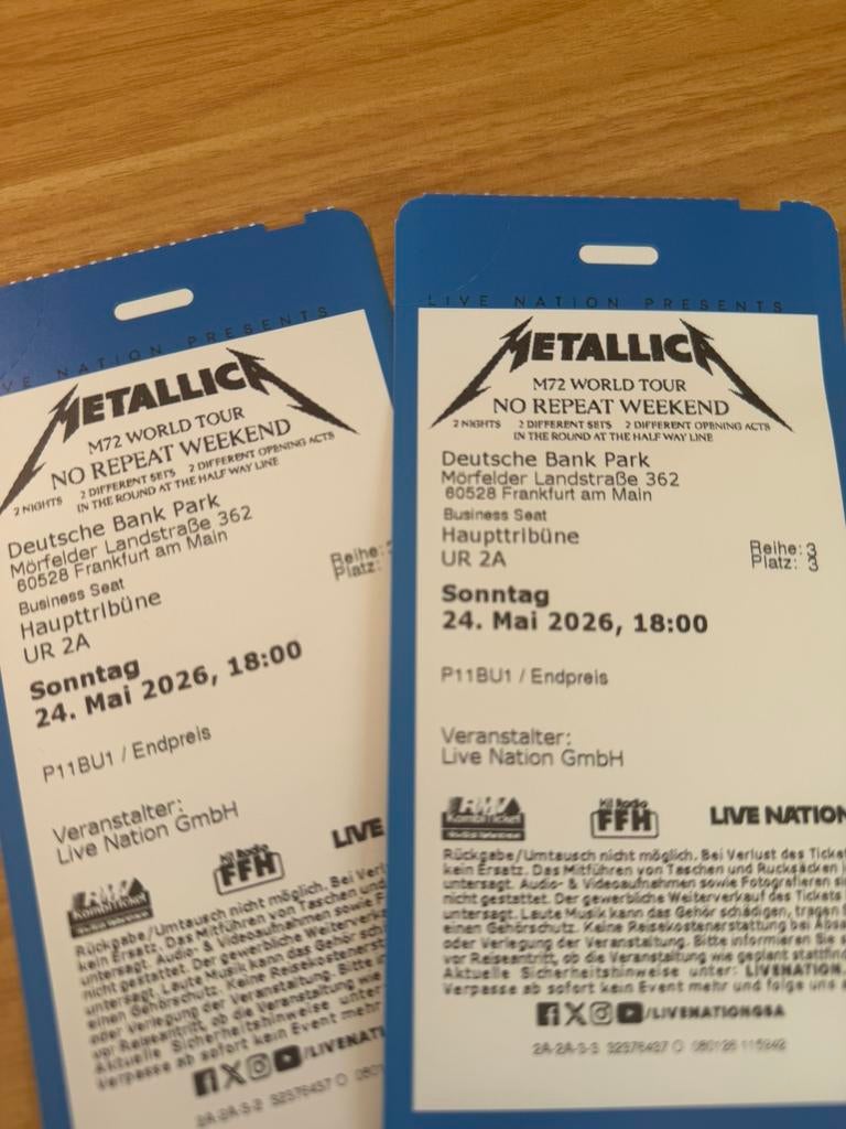 2 billets pour la tournée mondiale de Metallica M72, Tickets & Billets, Transports en commun, Deux personnes