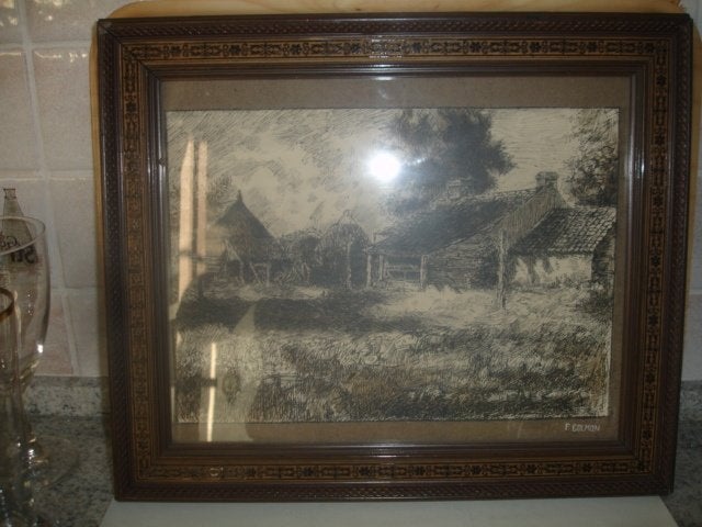 Pentekening van F. Colman in mooie kader., Ophalen of Verzenden