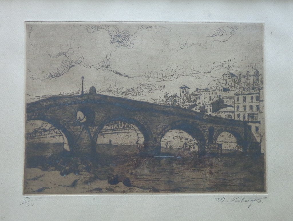 MEDARD VERBURGH / IL PONTE VERONA / ZW-W ETS / 38x46cm KADER, Ophalen of Verzenden, Stadsgezicht, Ets, Genummerd