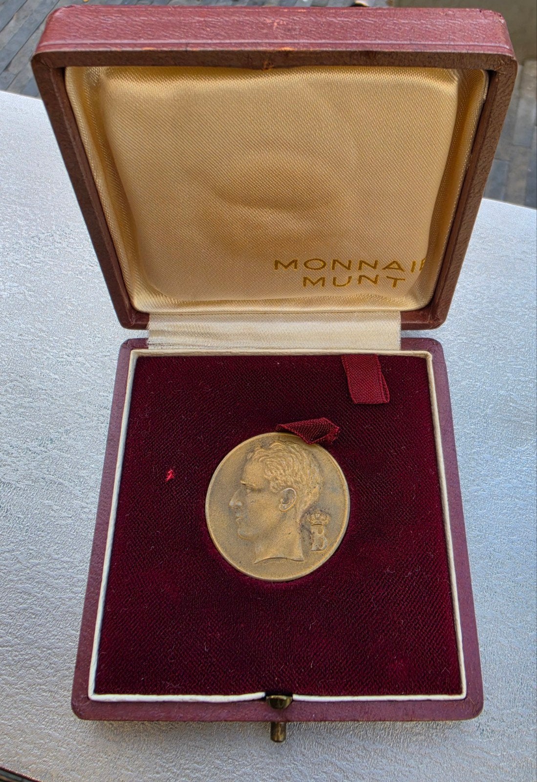 Medaille 3cm brons Boudewijn expo 58 ( in origineel doosje ), Ophalen of Verzenden