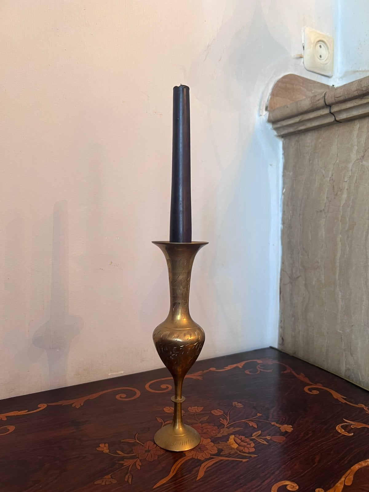 Bougeoir / Chandelier Vintage en Laiton Gravé, Enlèvement ou Envoi