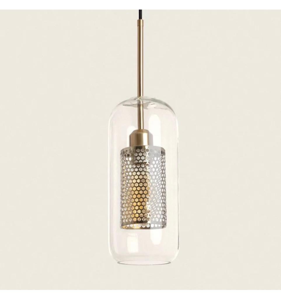 Lampe suspendue LED dorée Julieta Lungo + lanterne verre, Enlèvement ou Envoi, Neuf, Verre, 50 à 75 cm