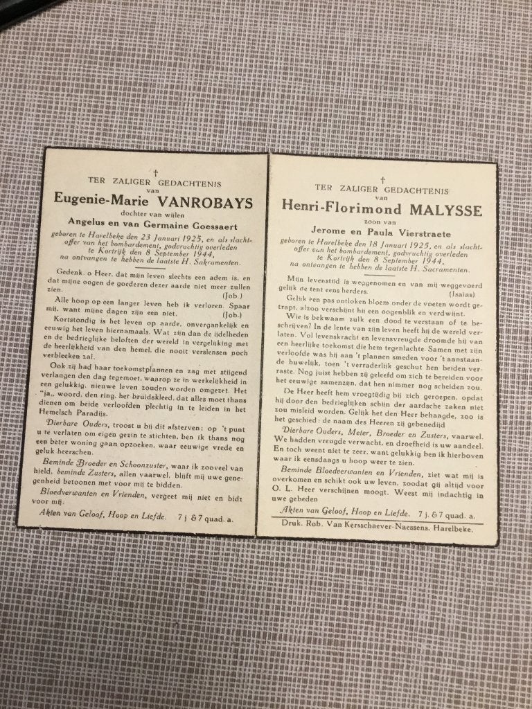 2 oorlogsslachtoffers Vanrobays- Malysse +bombardement 1944, Verzamelen, Bidprentjes en Rouwkaarten, Verzenden, Bidprentje